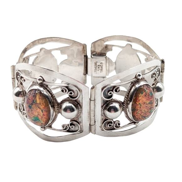 Taxco Sterling Silver Faux Opal Panel Bracelet w Cutouts Scrolls Mexico Vintage - Picture 1 of 13